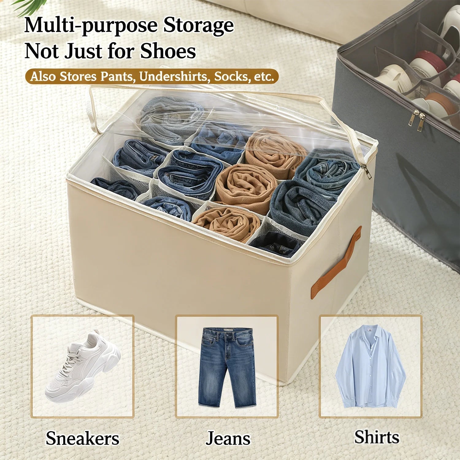 Foldable Shoe Storage Organizer – Fabric Storage Bag with Clear Cover & Handles
