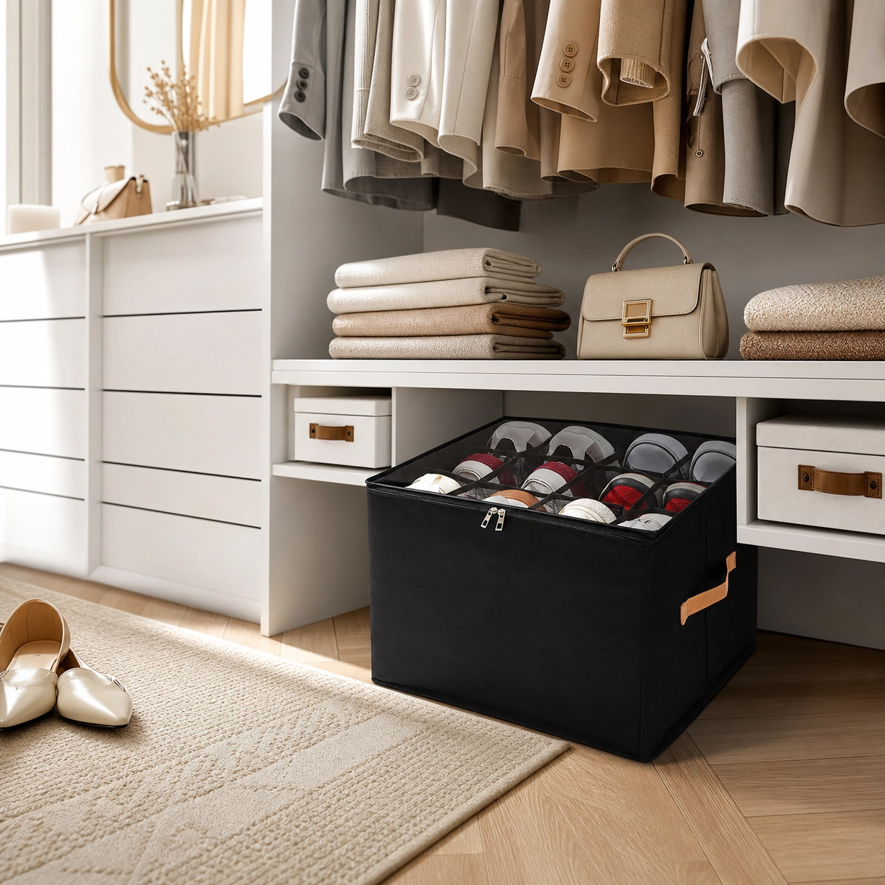 Foldable Shoe Storage Organizer – Fabric Storage Bag with Clear Cover & Handles